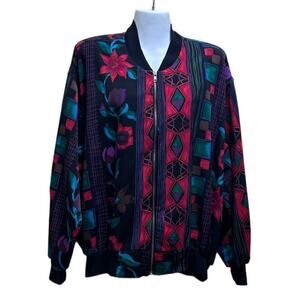 VTG CASCAIS Of California Jacket L Floral Blk Geometric Zip Streetwear Chic Boho